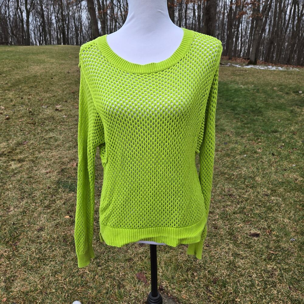 Katherine Barclay Montreal Sweater Lime Green size Medium Open Knit Mesh Hi Lo
